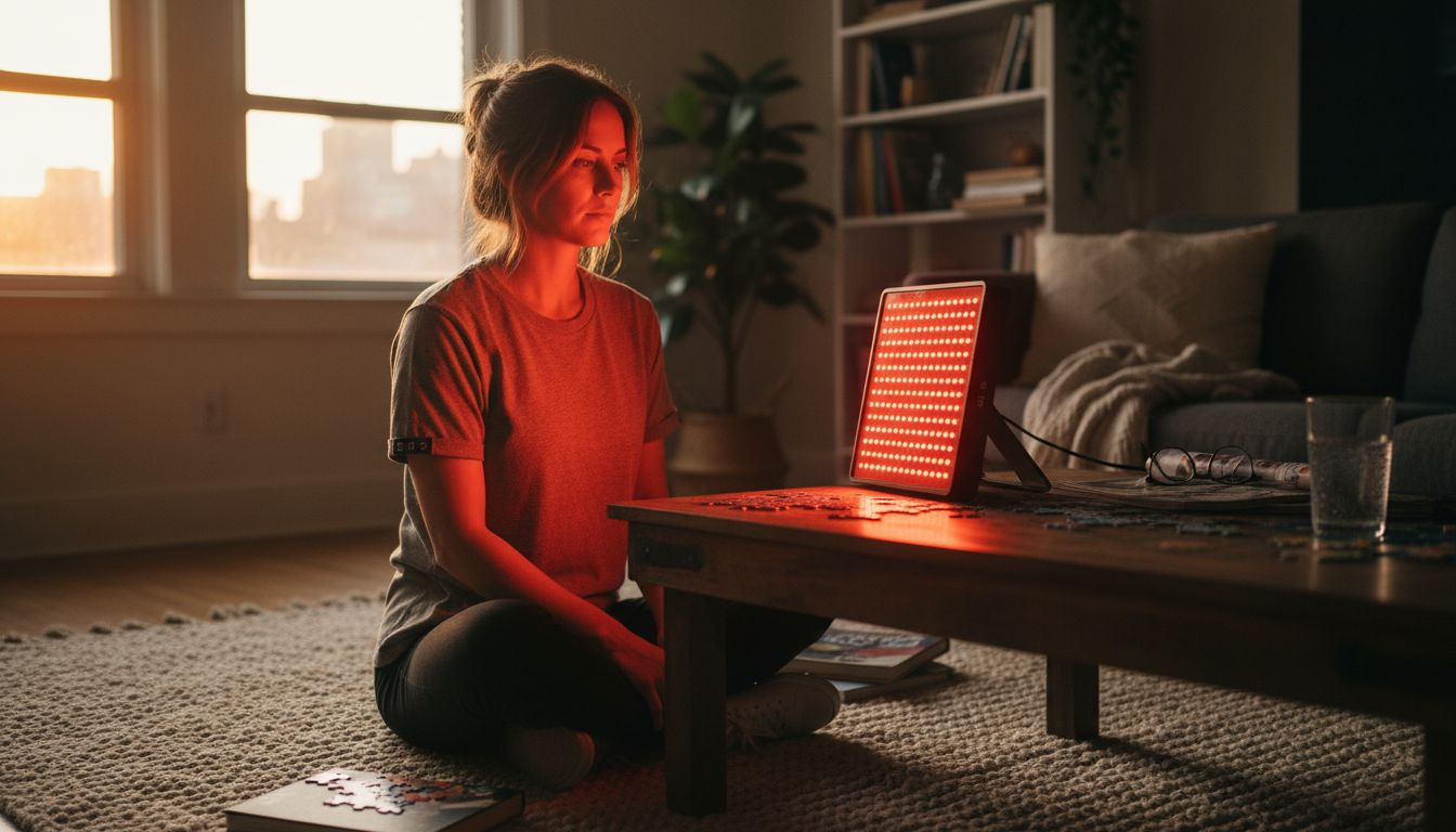 Woman using red light therapy panel at home