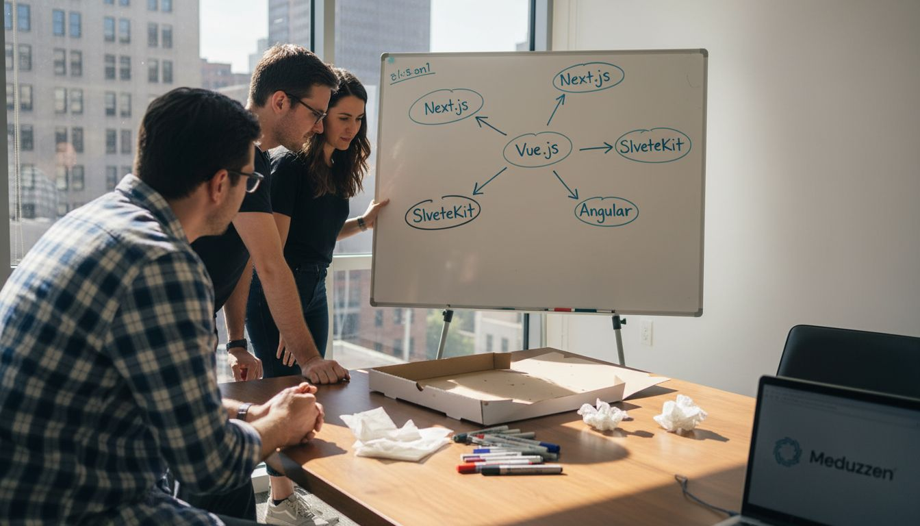 Team comparing modern frontend frameworks whiteboard
