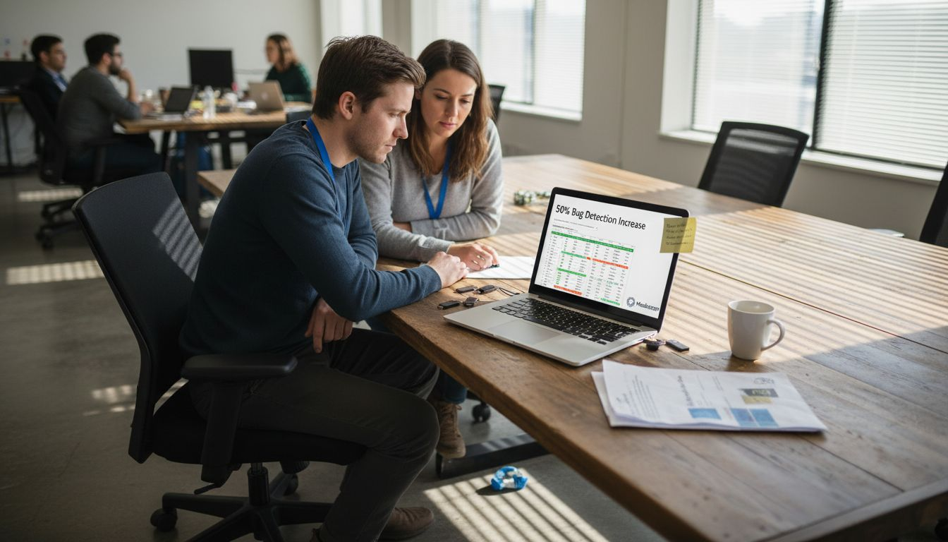 QA engineers review AI bug detection chart