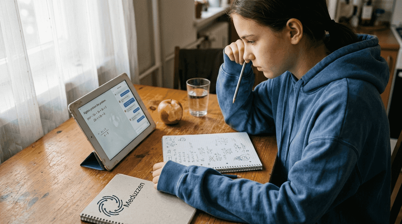 Student using AI tutoring app at kitchen table