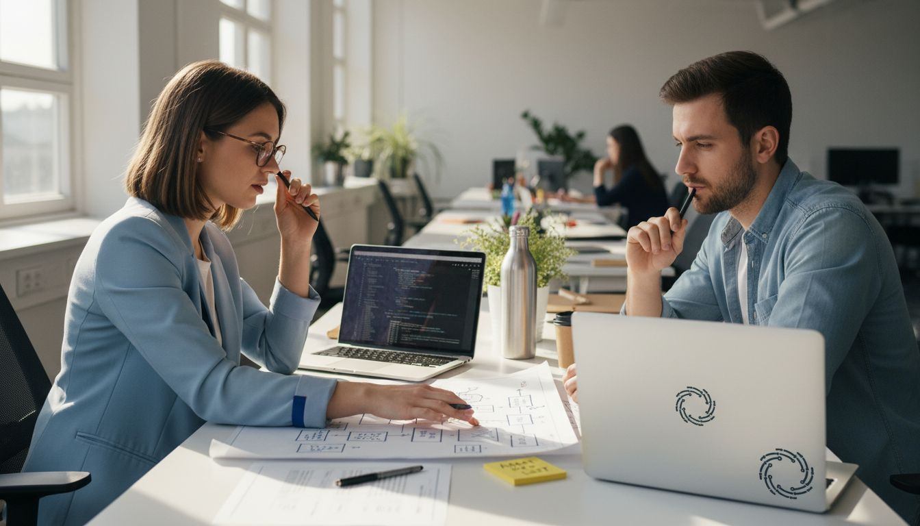 Team collaborating with AI agents at desk