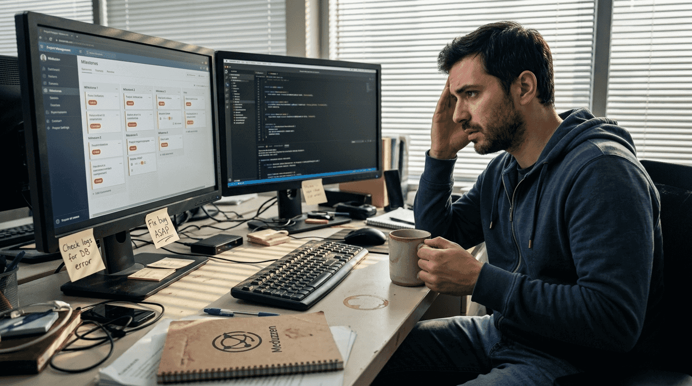 Developer reviewing software project challenges