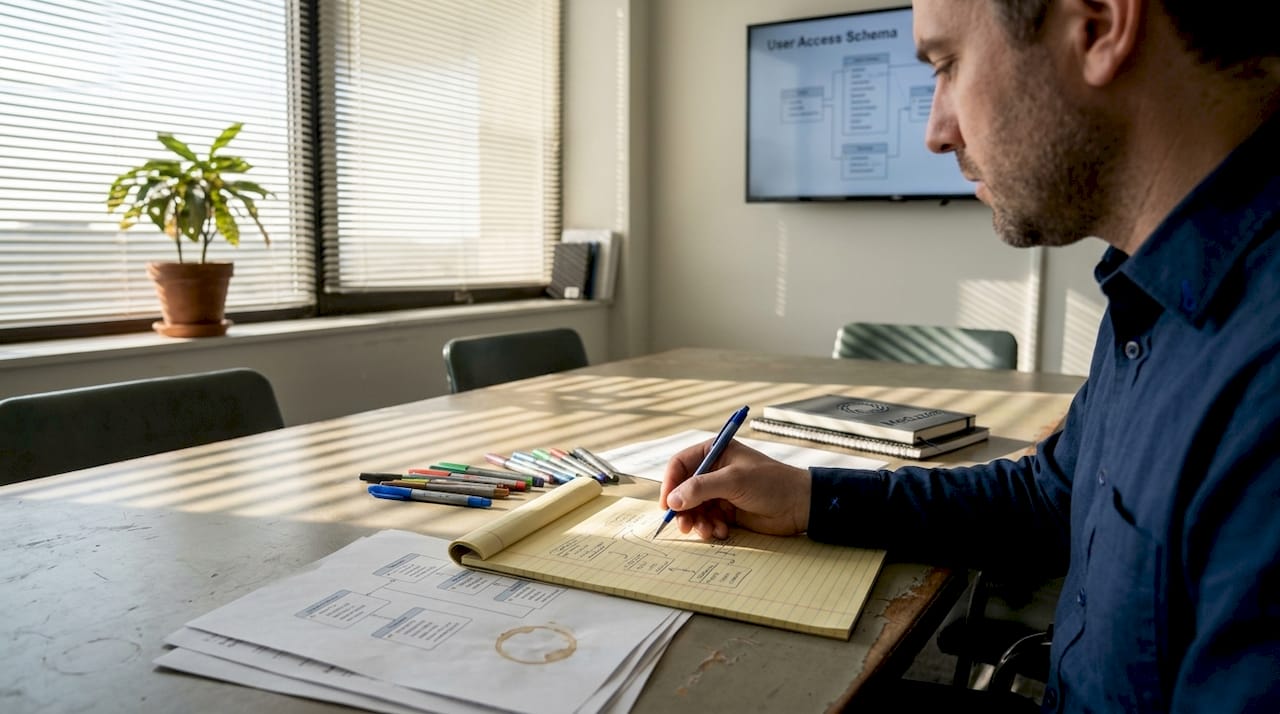 Person sketching database model at office table