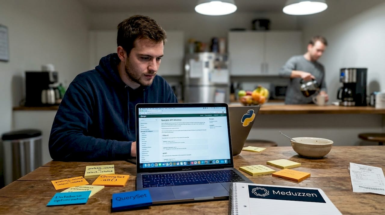 Programmer reading Django docs at kitchen table