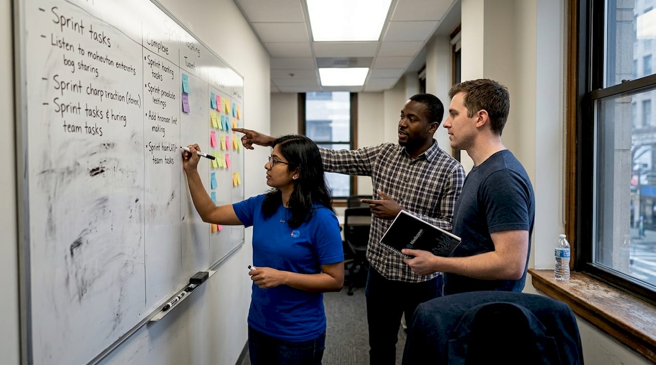 Software team planning at whiteboard during sprint