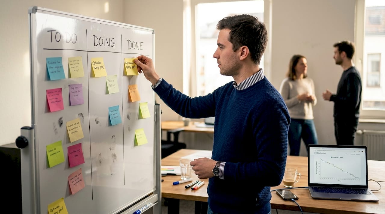 Engineer updates kanban board during workday