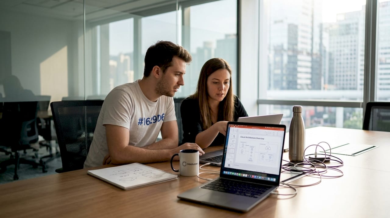 Team reviews cloud architecture in meeting room