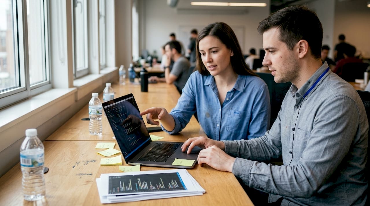 Startup engineers reviewing code together