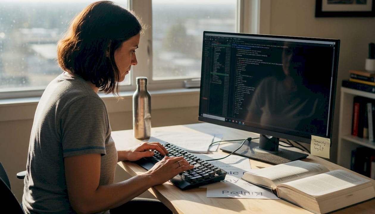 Engineer coding Python tools at cluttered home office