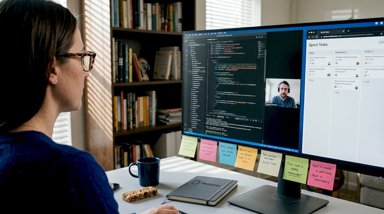 Two colleagues collaborating on project remotely