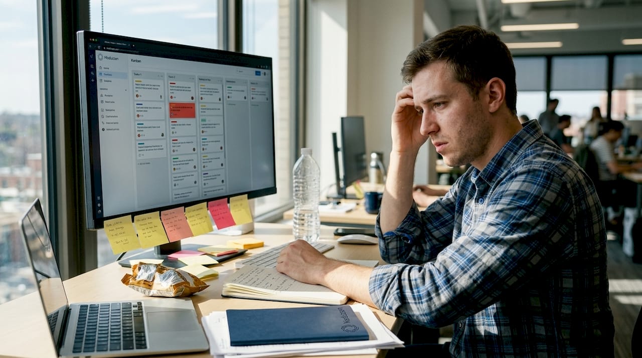 Product manager frustrated reviewing delayed backlog