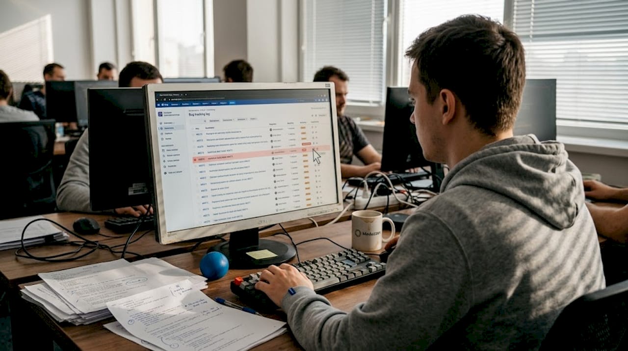 Engineer tracking technical debt tickets at desk