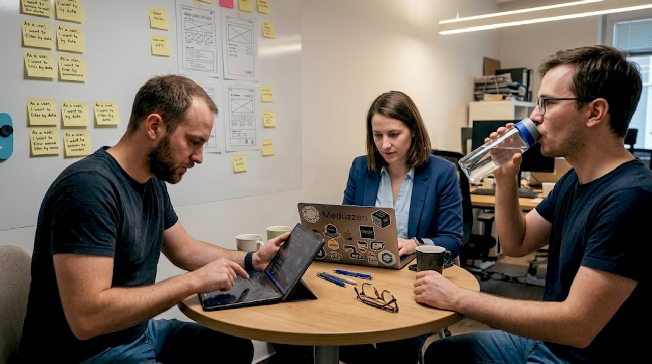 SaaS development team informal office meeting