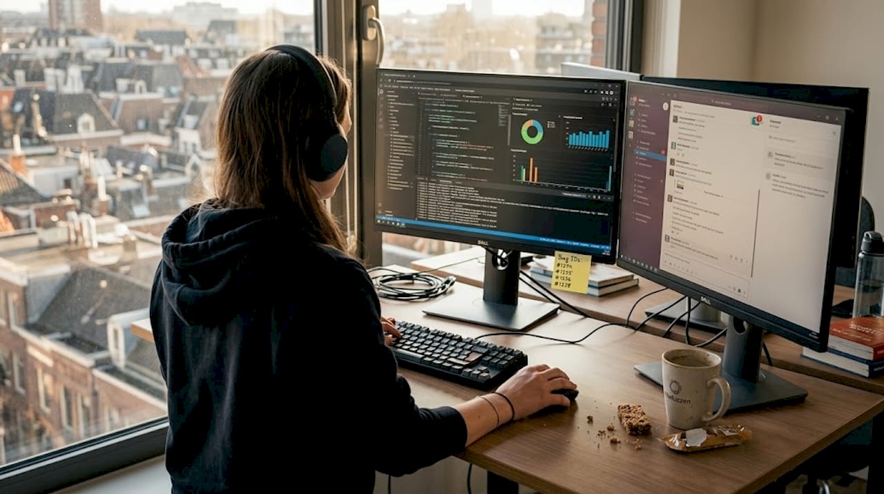 Engineer checking code QA results at desk