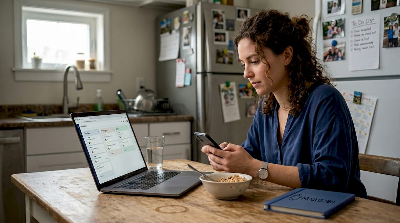 Product manager multitasking in home workspace