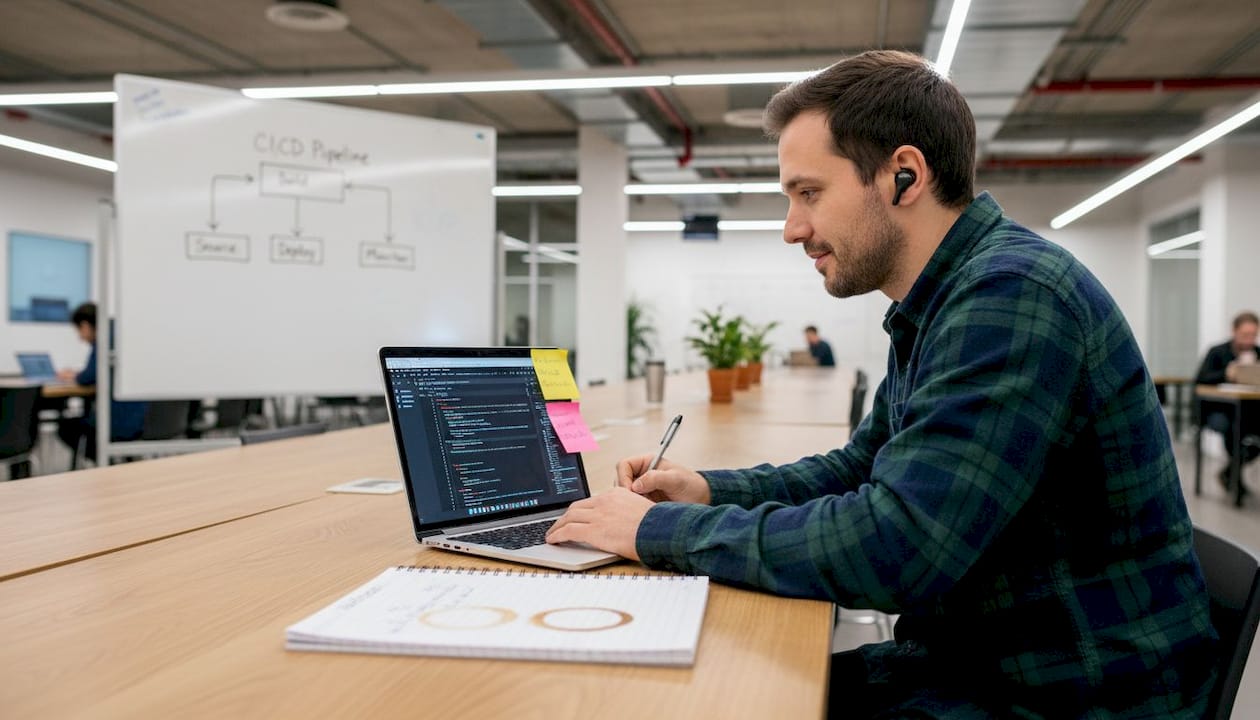 Engineer reviewing CI/CD pipeline diagram