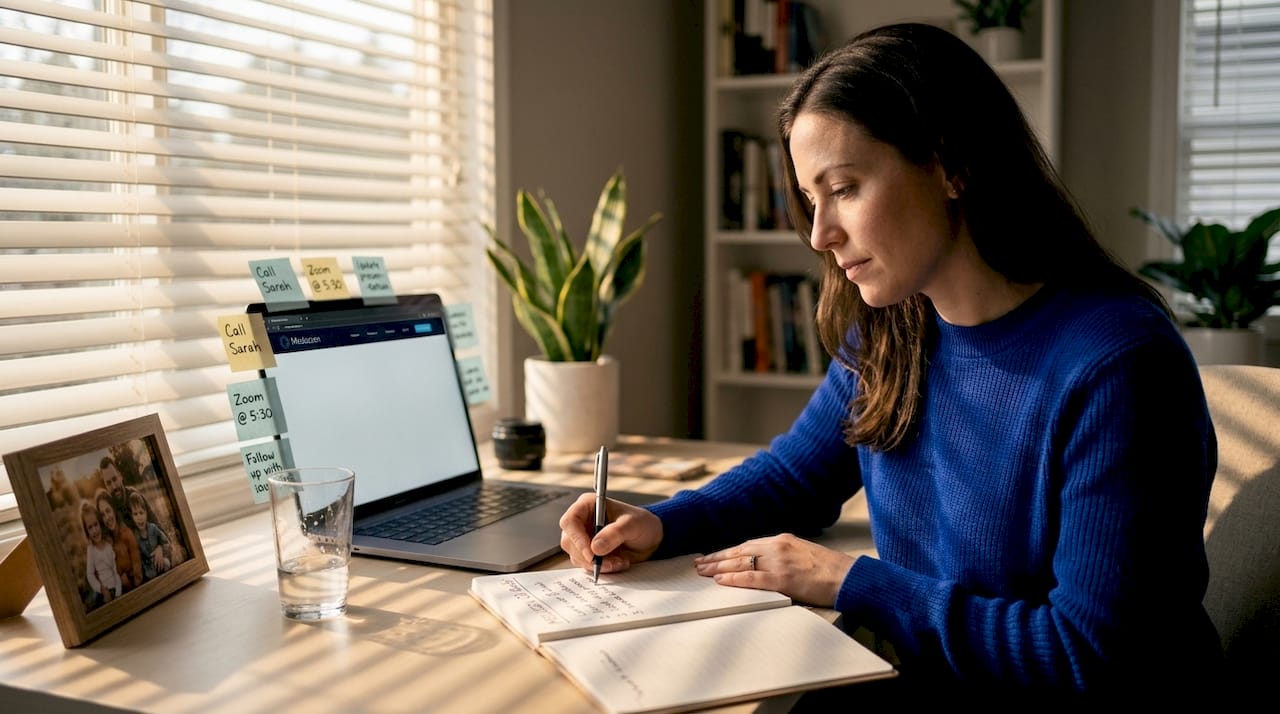 Female founder setting MVP goals at home office desk