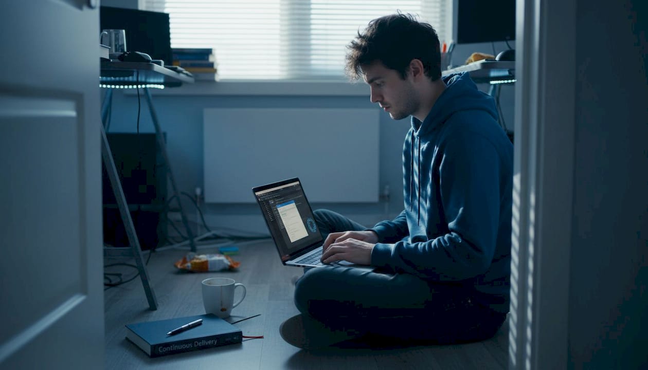 Developer merging code in home office