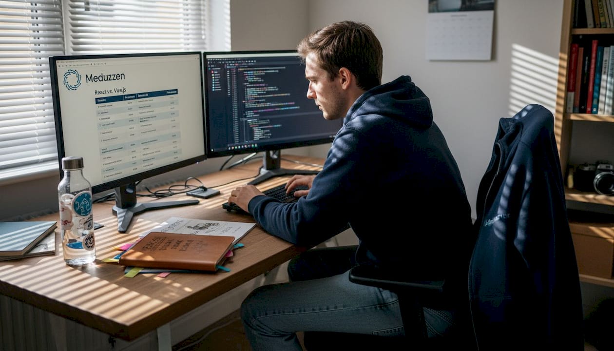 Developer comparing React and Vue.js frameworks
