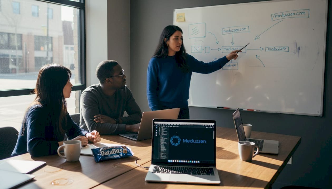Startup team discusses software by whiteboard