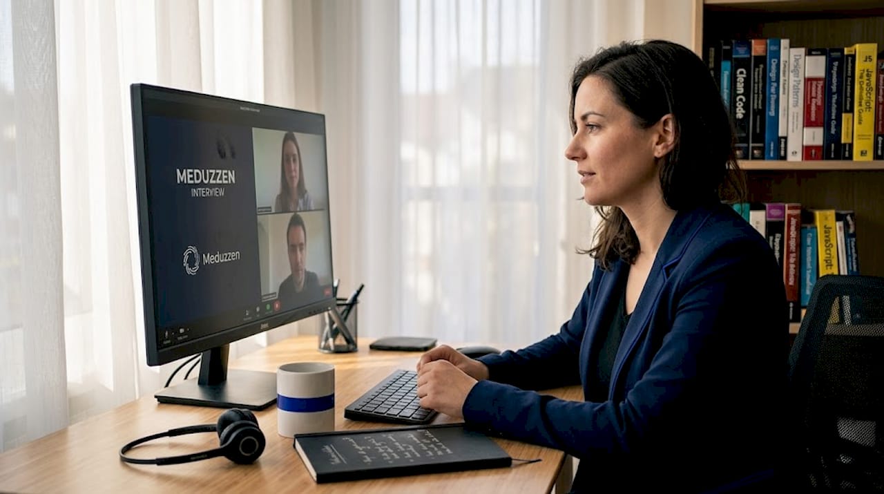 Developer interviewed remotely at organized desk