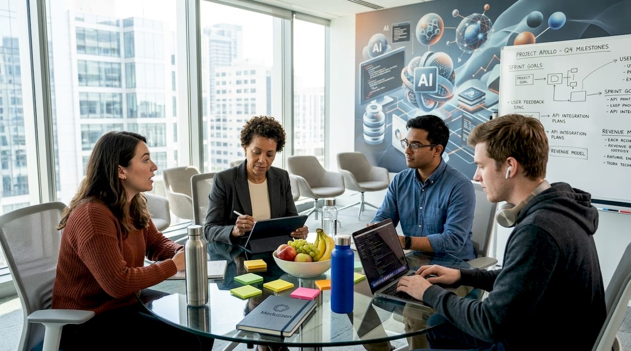 Product team discussing strategy in tech office