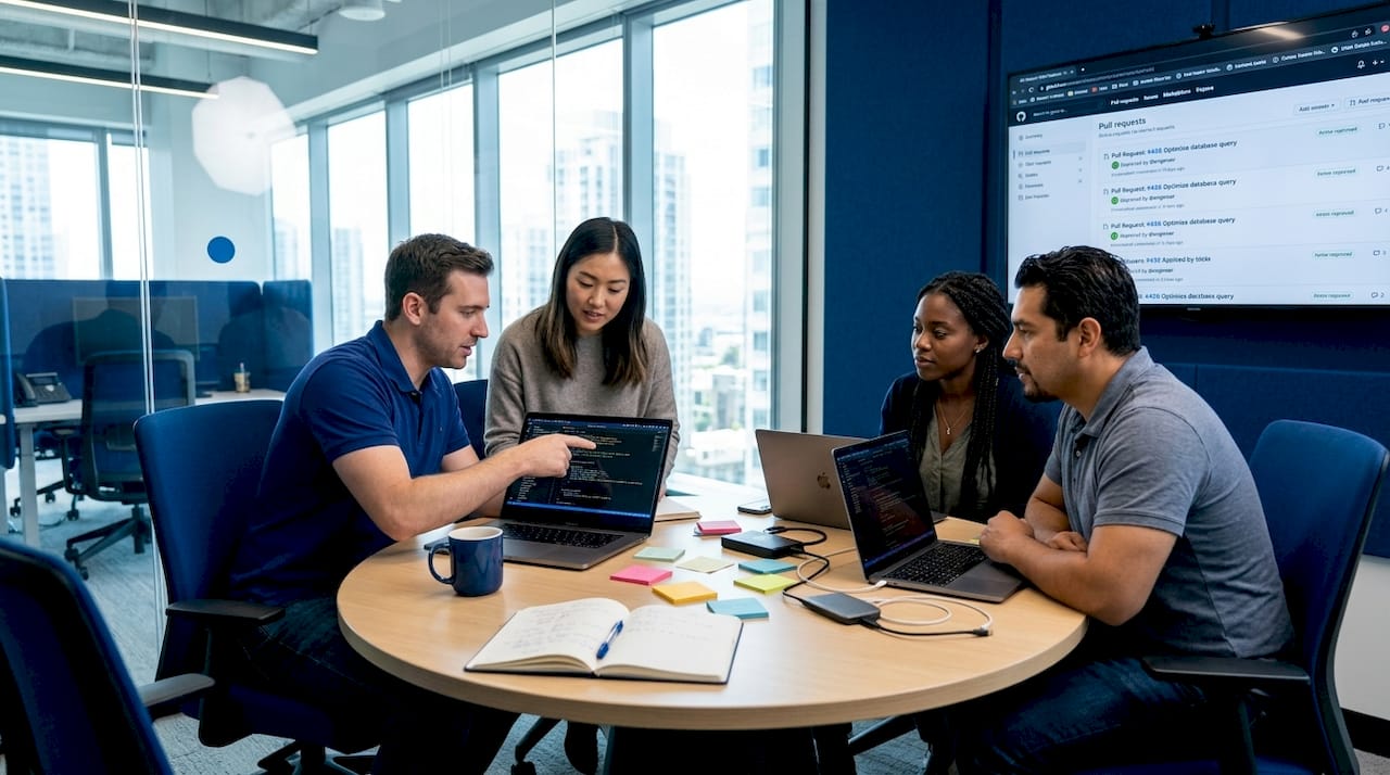 Engineering team collaborating in open office