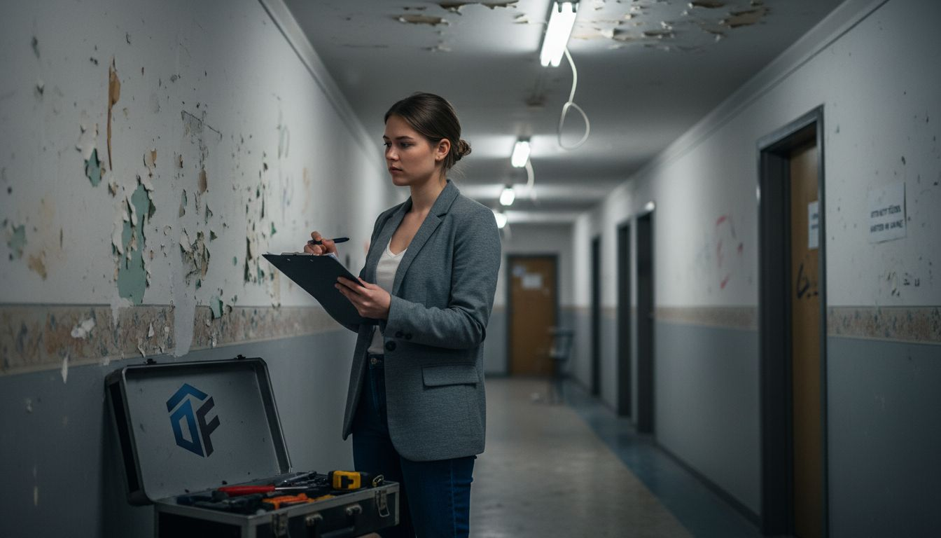 Ein Investor verschafft sich vor Ort einen Eindruck von den Renovierungsarbeiten im Hausflur.