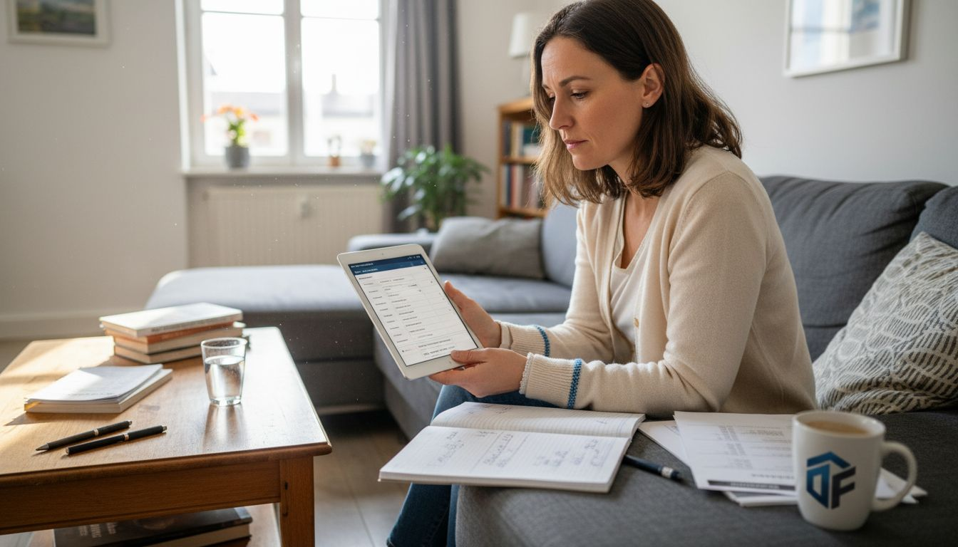 Eine Frau sitzt im Wohnzimmer und rechnet aus, wie viel Rendite sie aus ihrem Immobilienbesitz erzielen kann.