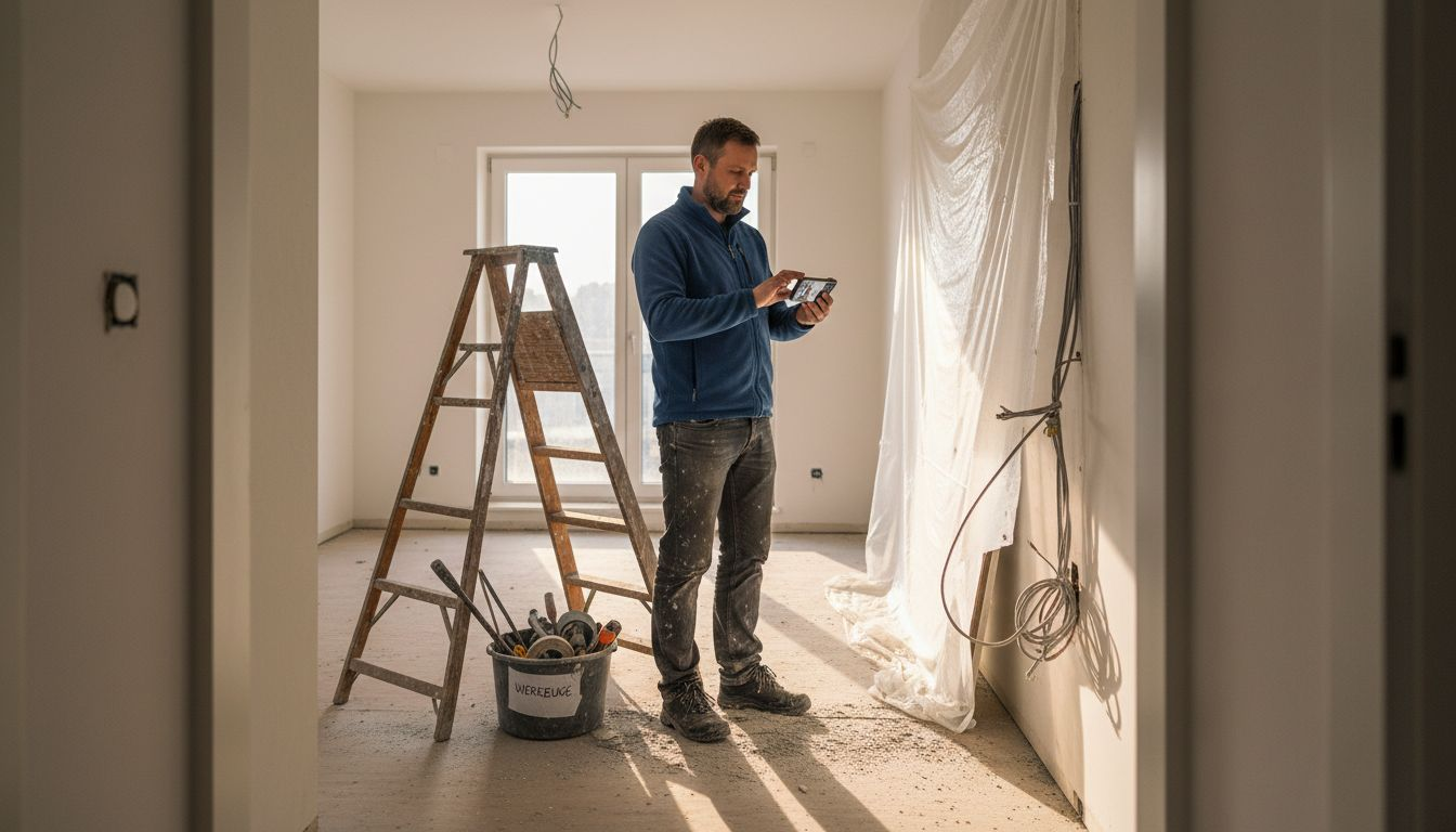 Ein Mann verschafft sich vor Ort einen Überblick über den Fortschritt der Wohnungsrenovierung.
