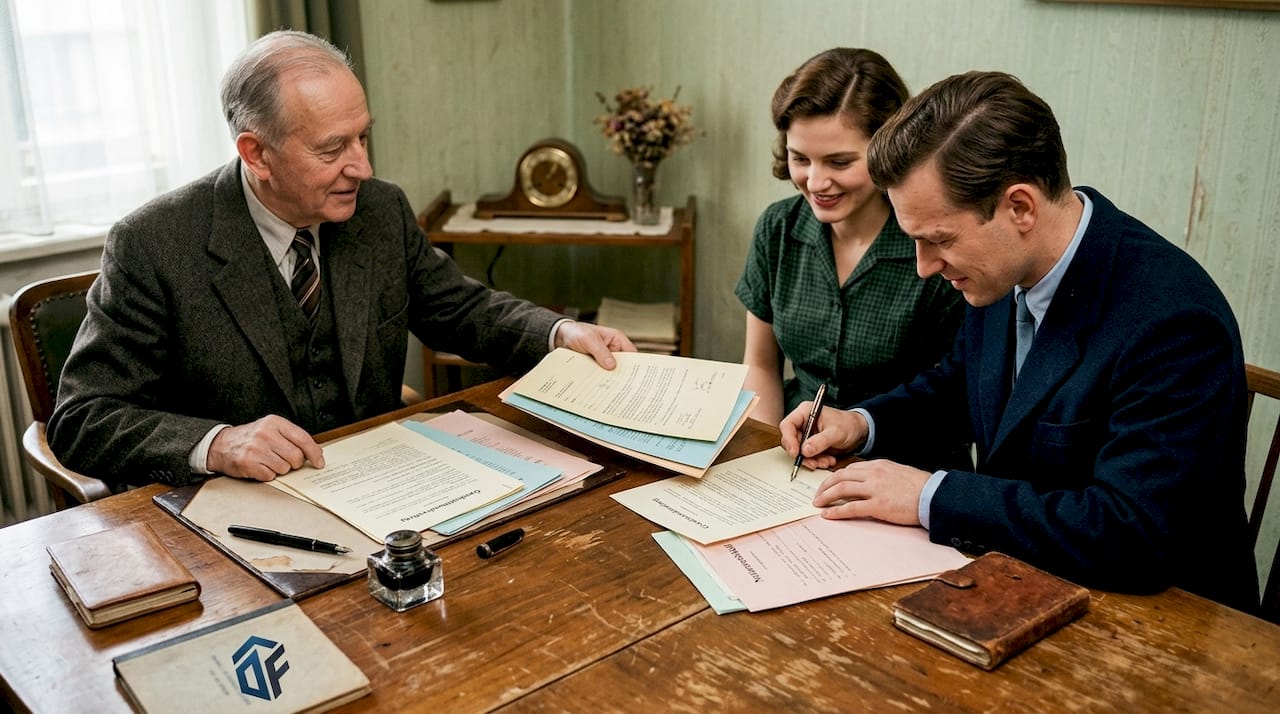 Bei einem Immobilienkauf überreicht der Notar die relevanten Unterlagen an die Käufer.