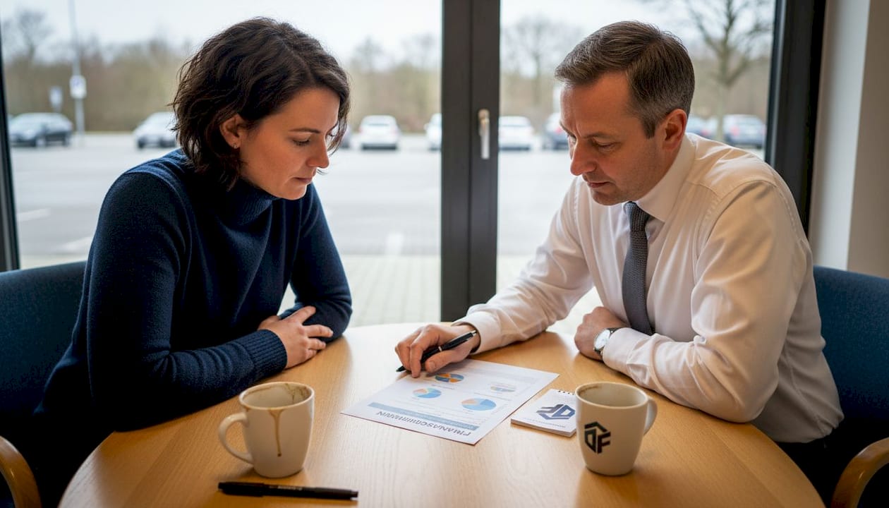 Eine Kundin lässt sich von ihrem Bankberater zu Finanzierungsmöglichkeiten beraten.