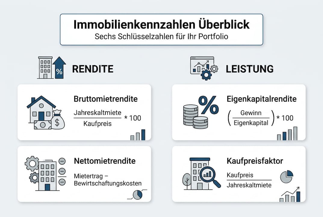 Übersicht der wichtigsten Kennzahlen rund um Immobilien – anschaulich dargestellt in einer Infografik
