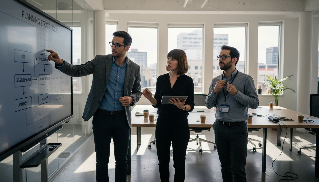 L’équipe discute de l’optimisation des processus digitaux lors d’une séance collaborative en open space.