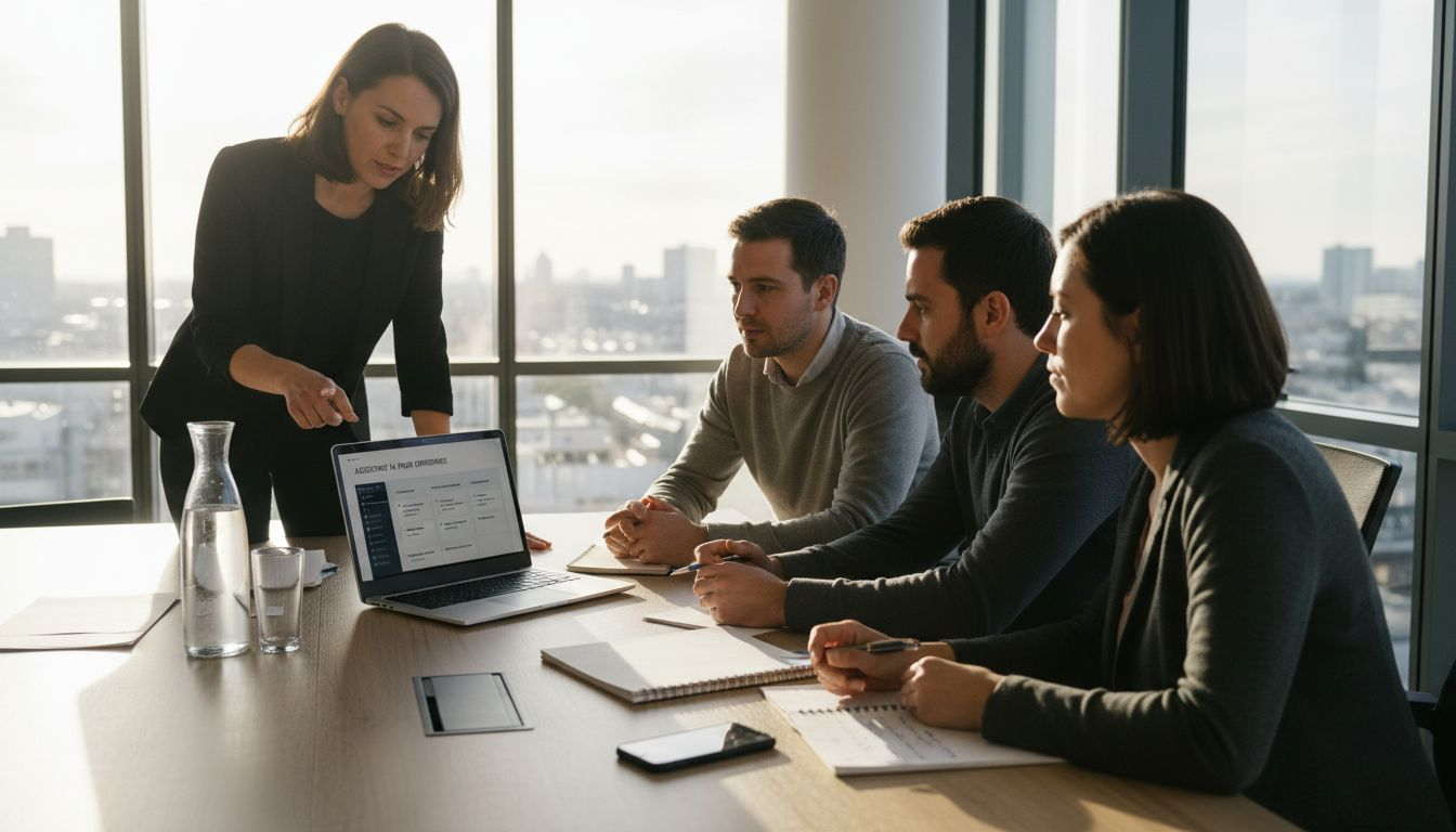 Des collègues découvrent ensemble les outils d’intelligence artificielle lors d’une séance de formation dans une salle de réunion.