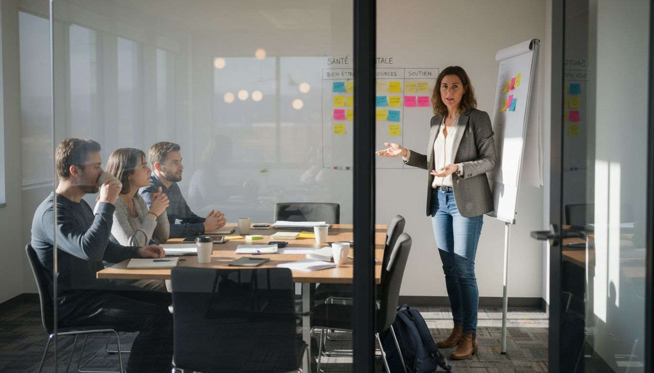 Une équipe se réunit en salle de réunion pour échanger autour d’une formation sur la santé mentale.