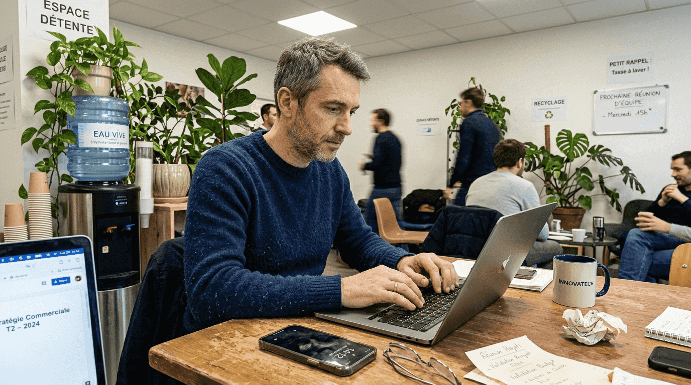 Un salarié en train de travailler sur son ordinateur lors d'une réunion.