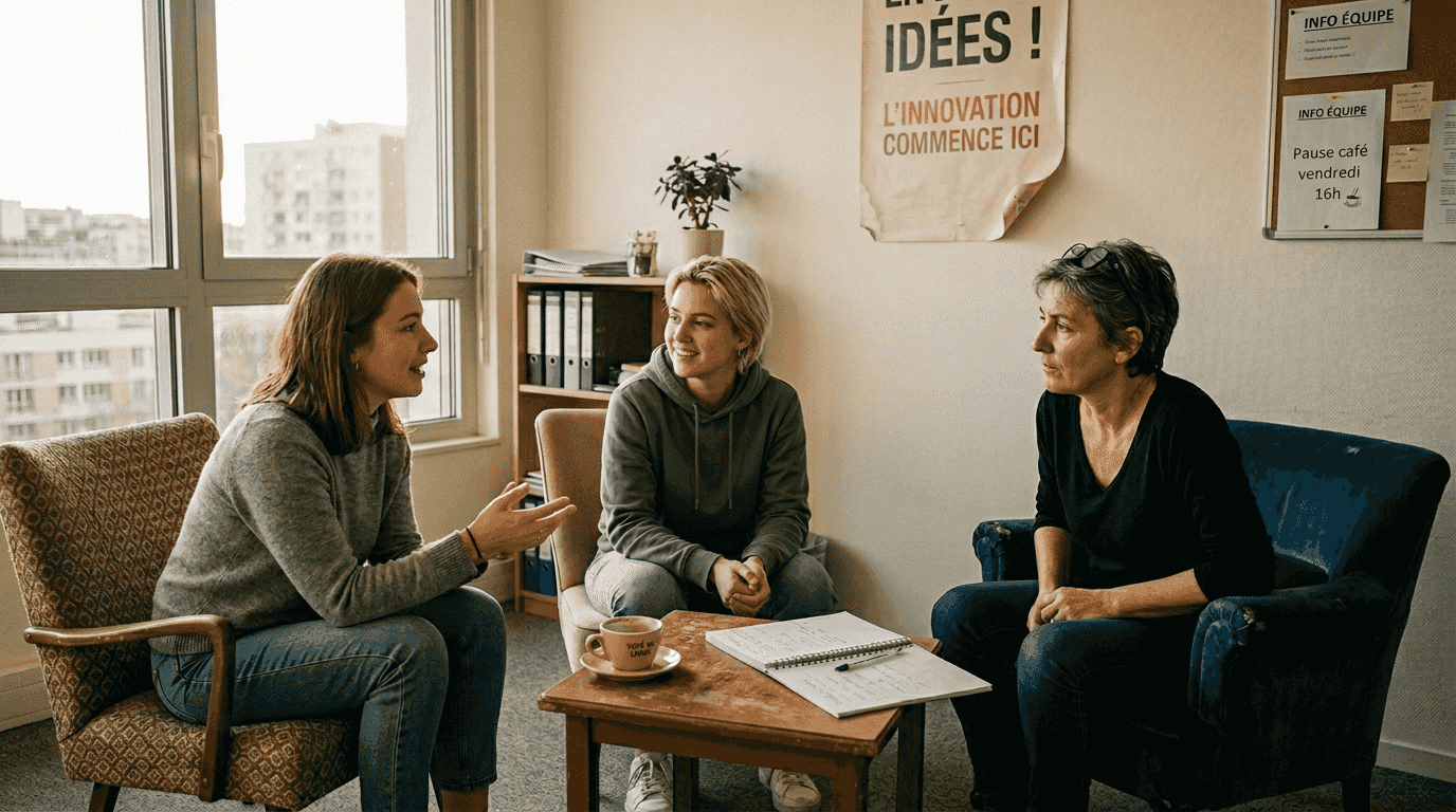 Une formatrice interne profite d’un moment de pause pour discuter avec ses collègues dans l’espace détente.