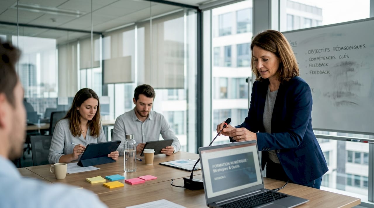 Formatrice animant une session de formation en blended learning dans une salle de réunion