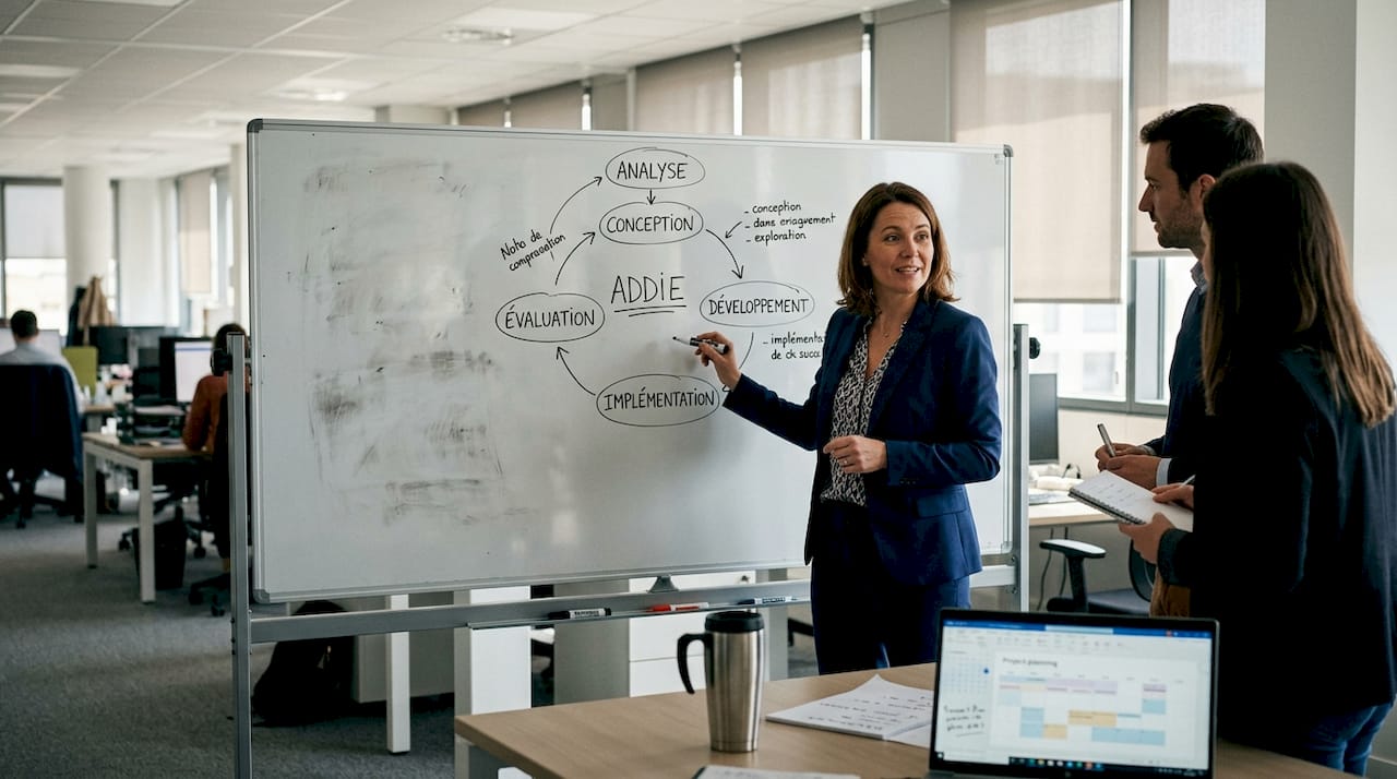 Une équipe rassemblée autour d’un tableau blanc pour une séance de formation.