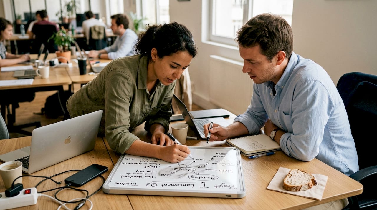 Des collègues échangent sur leurs compétences techniques dans un espace de coworking.