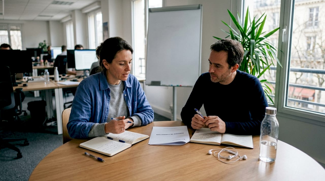Des collègues échangent autour des dossiers de formation des apprenants.
