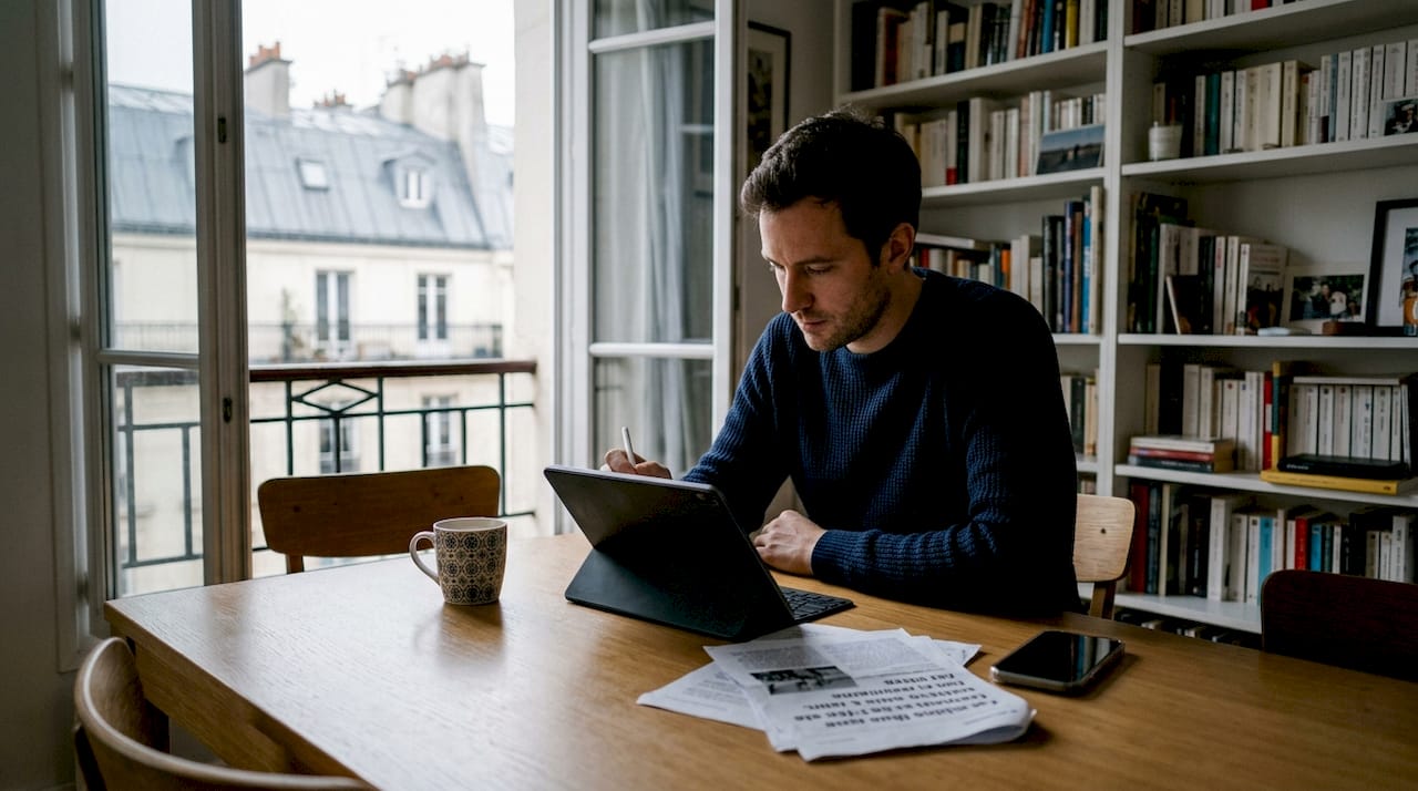 Un homme suit une formation à domicile sur sa tablette