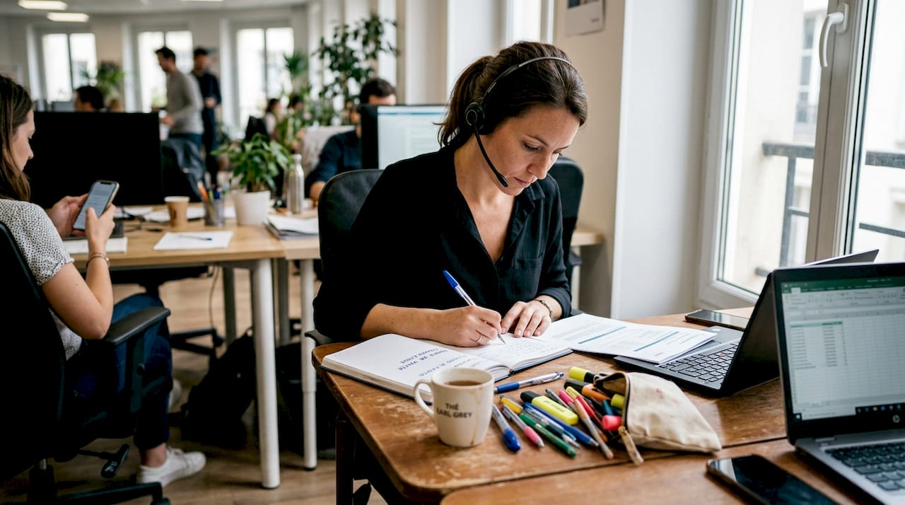 Une commerciale s'entraîne à présenter son argumentaire dans un coin du bureau.