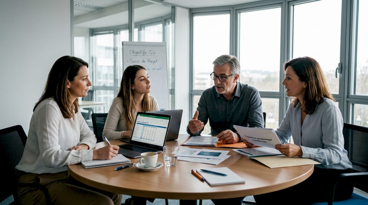 Un groupe en pleine session de formation, rassemblé autour d’une table pour échanger et apprendre ensemble.