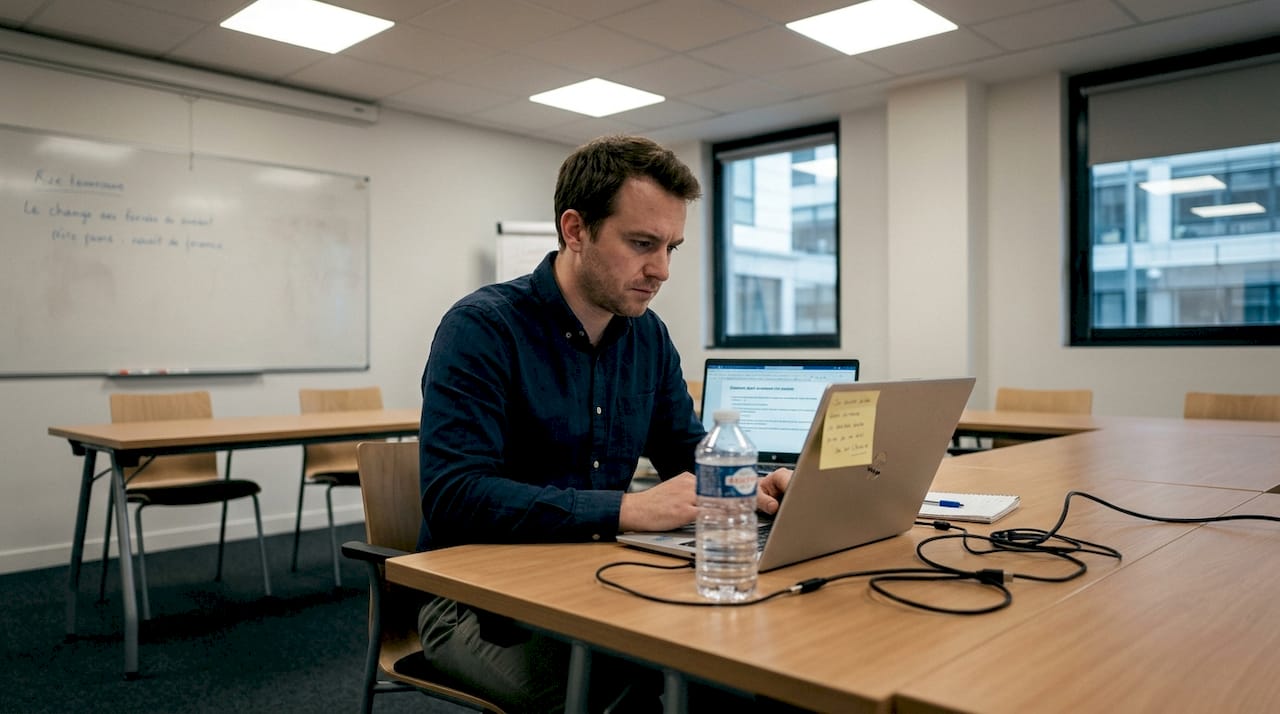 Un étudiant anxieux face à son écran d’ordinateur, entouré de feuilles éparpillées.
