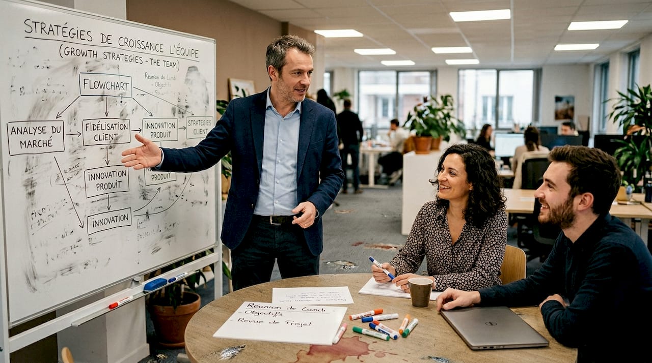 Un manager anime un atelier de coaching opérationnel sur le terrain avec son équipe.