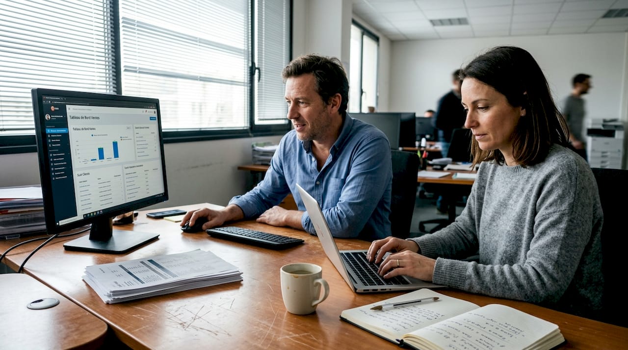 Des commerciaux échangent et travaillent ensemble autour d’un bureau partagé.