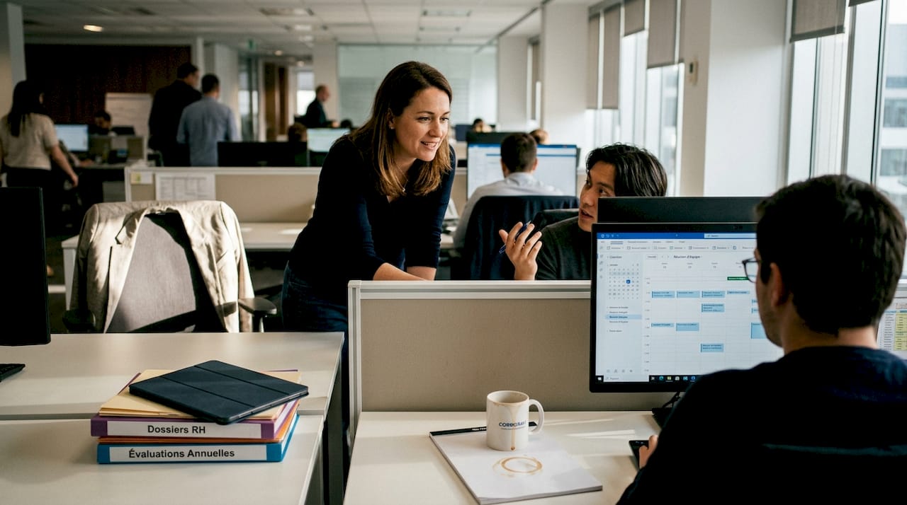 Un manager qui accompagne et soutient son équipe au quotidien dans un environnement de bureau.