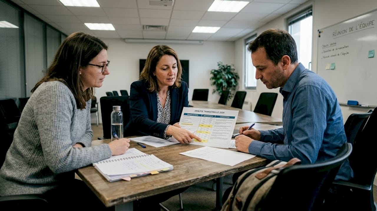 L’équipe échange autour du tableau des taux de renouvellement lors d’une réunion.